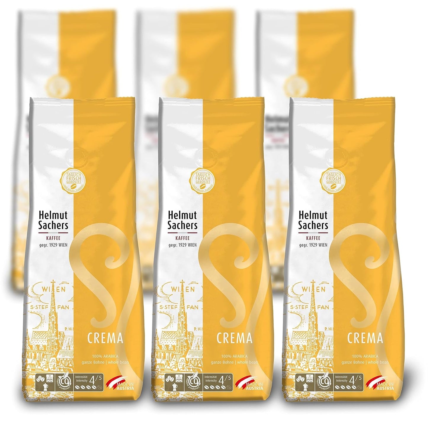 Kawa Helmut Sachers - Śmietanka, moc 4/5, 100% Arabica, całe ziarna kawy, 6 x 500g