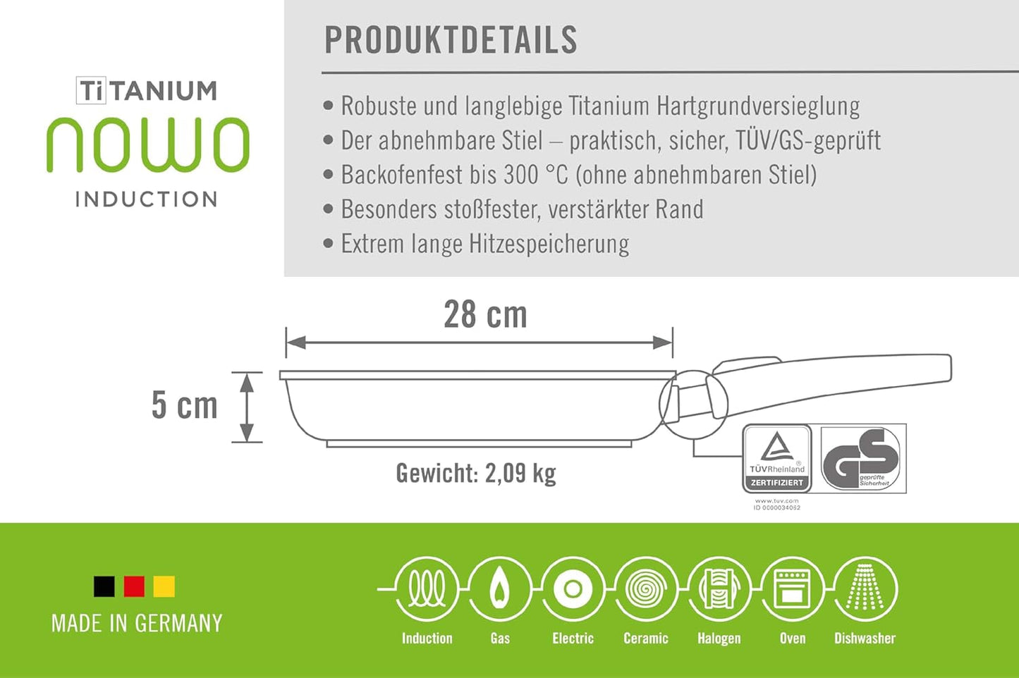 Woll Nowo Płaska patelnia tytanowa - indukcyjna, wysokość 5 cm, wyjmowany uchwyt - do wszystkich rodzajów płyt grzewczych, odlew aluminiowy, powłoka nieprzywierająca Garnki i patelnie Naty Shop