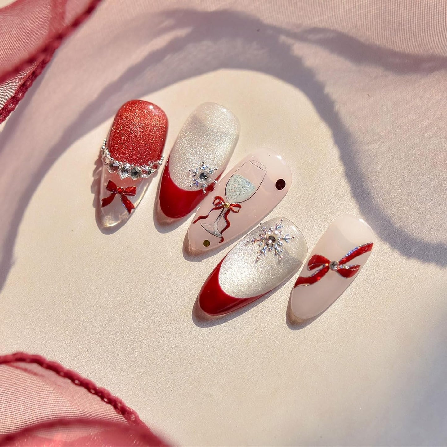JMEOWIO 3D Nagelsticker Roter Kelch Mit Schleife Nail Art Naklejka Selbstklebend Nagelaufkleber 5D Stereoskopisch Dekoration Nageldesign Zubehör 1 Blatt
