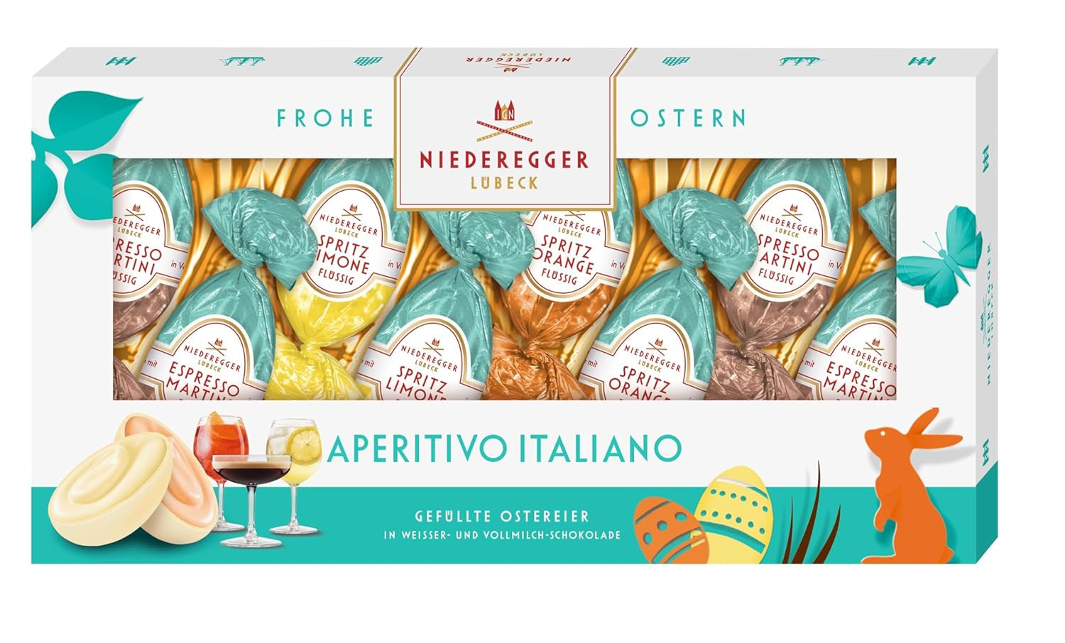 Niederegger | Jajka pralinowe | Włoska przystawka | 1x100g | Jajka faszerowane w smakach Lemon Spritz, Orange Spritz i Espresso Martini | Oblane mleczną i białą czekoladą | Prezent wielkanocny