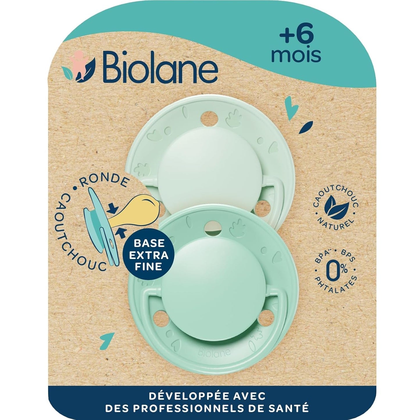 BIOLANE - Okrągły smoczek - Bardzo cienki smoczek - 6+ miesięcy - Bicolor zielony - Smoczek z naturalnego kauczuku - Do rozwoju jamy ustnej - Miękki i wygodny