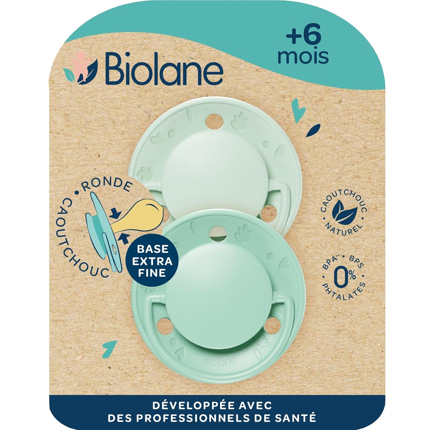 BIOLANE - Okrągły smoczek - Bardzo cienki smoczek - 6+ miesięcy - Bicolor zielony - Smoczek z naturalnego kauczuku - Do rozwoju jamy ustnej - Miękki i wygodny