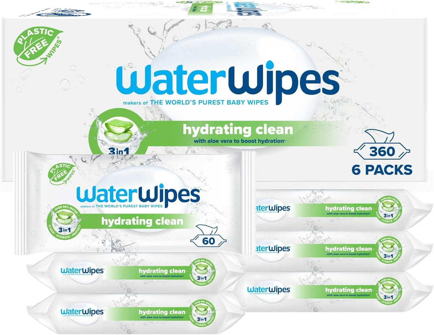 Waterwipes Chusteczki nawilżająco-oczyszczające dla dzieci z 99% wodą i ekstraktem z aloesu, Chusteczki nawilżane do twarzy i ciała Naty Shop 360 Chusteczki