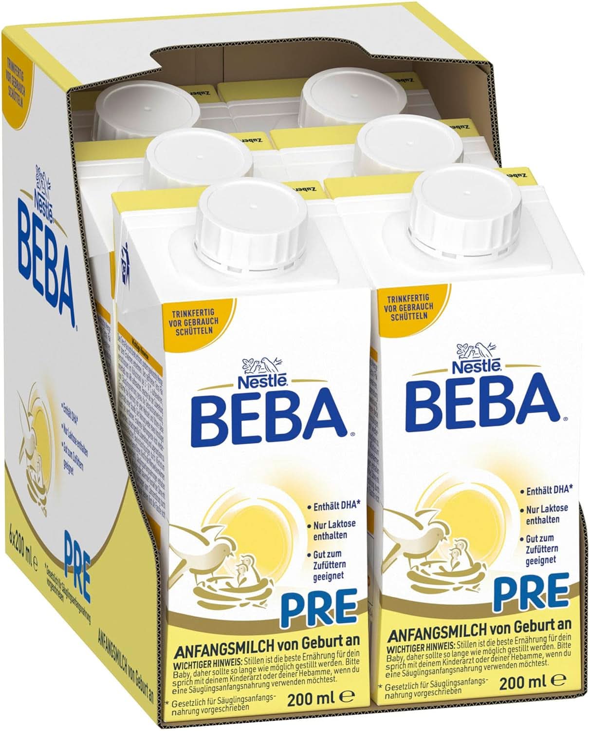 BEBA PRE Mleko początkowe od urodzenia, żywność dla niemowląt z DHA, tylko laktoza, bez oleju palmowego, opakowanie 3 (3 x 800 g) Naty Shop PRE, zestaw 6 x 200 ml 6 x 200 ml