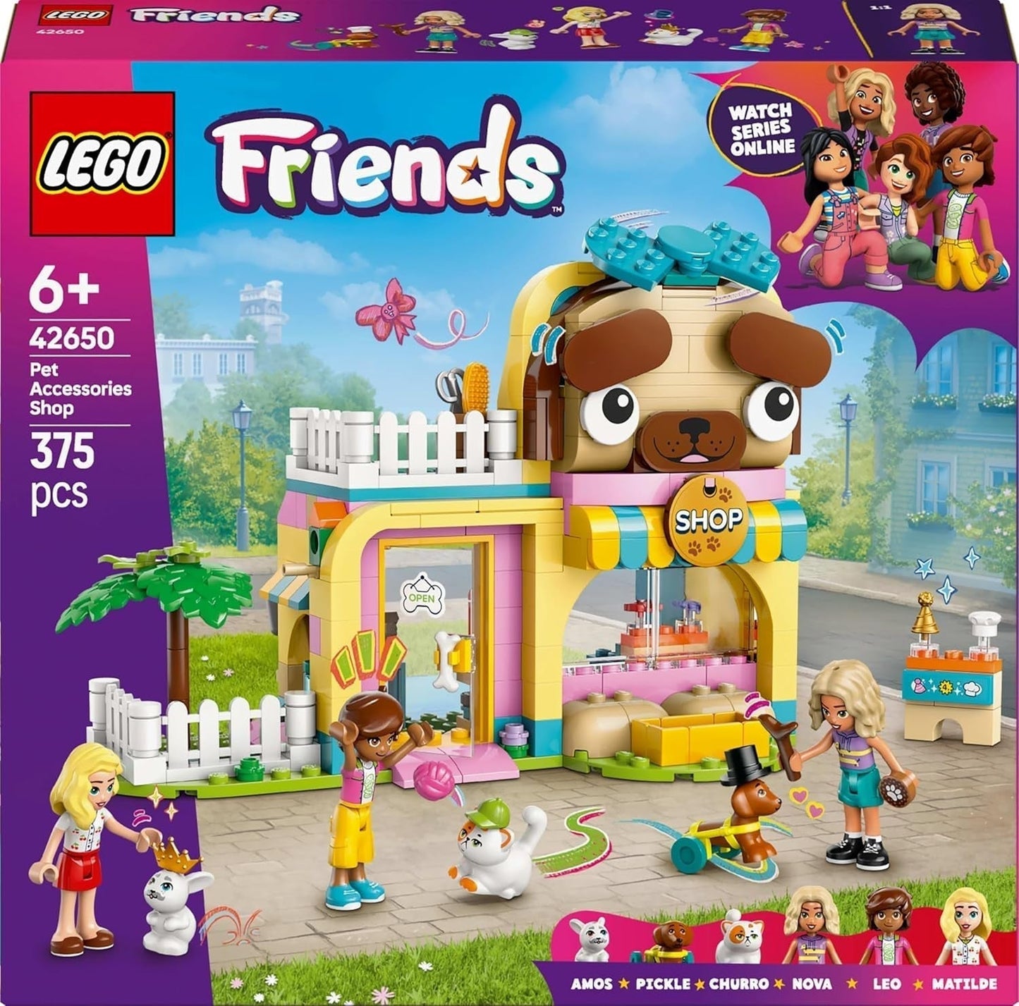 LEGO Friends Sklep z akcesoriami dla zwierząt Zestaw do zabawy w udawanie Zabawka edukacyjna dla 6-letnich dziewczynek 3 minifigurki i 3 figurki zwierząt Kot Pies Królik Pomysł na prezent dla dzieci 42650 Zestawy do budowania Besuche den LEGO-Store