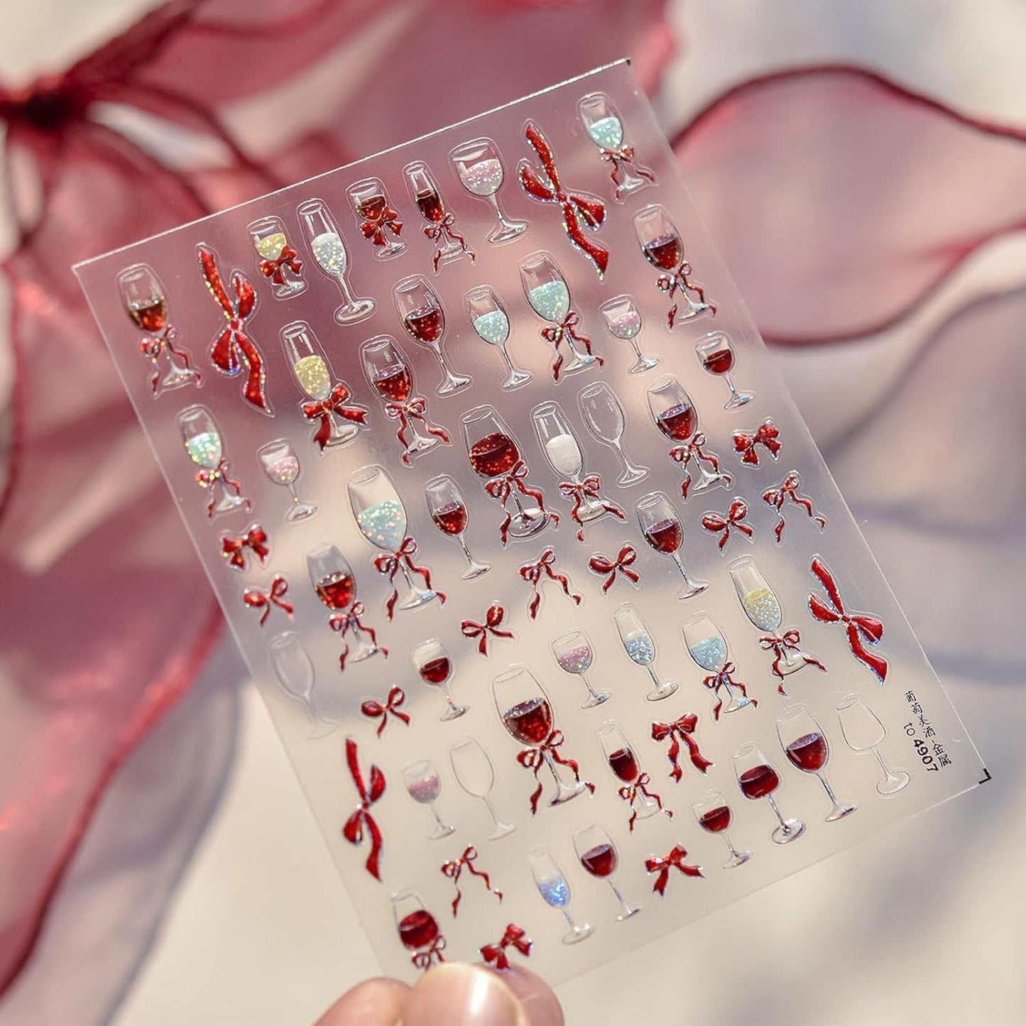 JMEOWIO 3D Nagelsticker Roter Kelch Mit Schleife Nail Art Naklejka Selbstklebend Nagelaufkleber 5D Stereoskopisch Dekoration Nageldesign Zubehör 1 Blatt