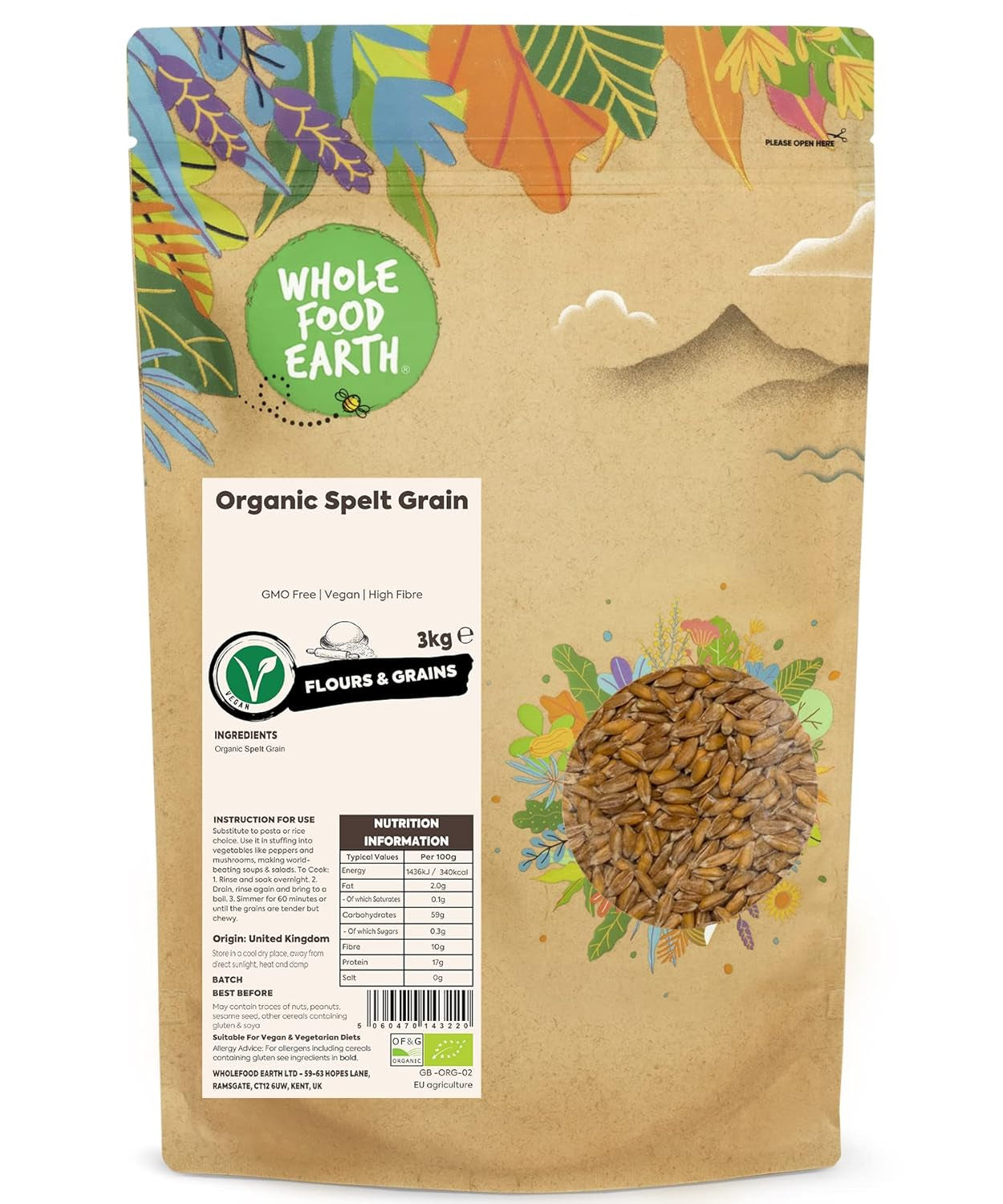Organiczne ziarna orkiszu pełnoziarnistego – 3 kg | Bez GMO | wegańskie | Bogaty w błonnik | Certyfikowane organiczne