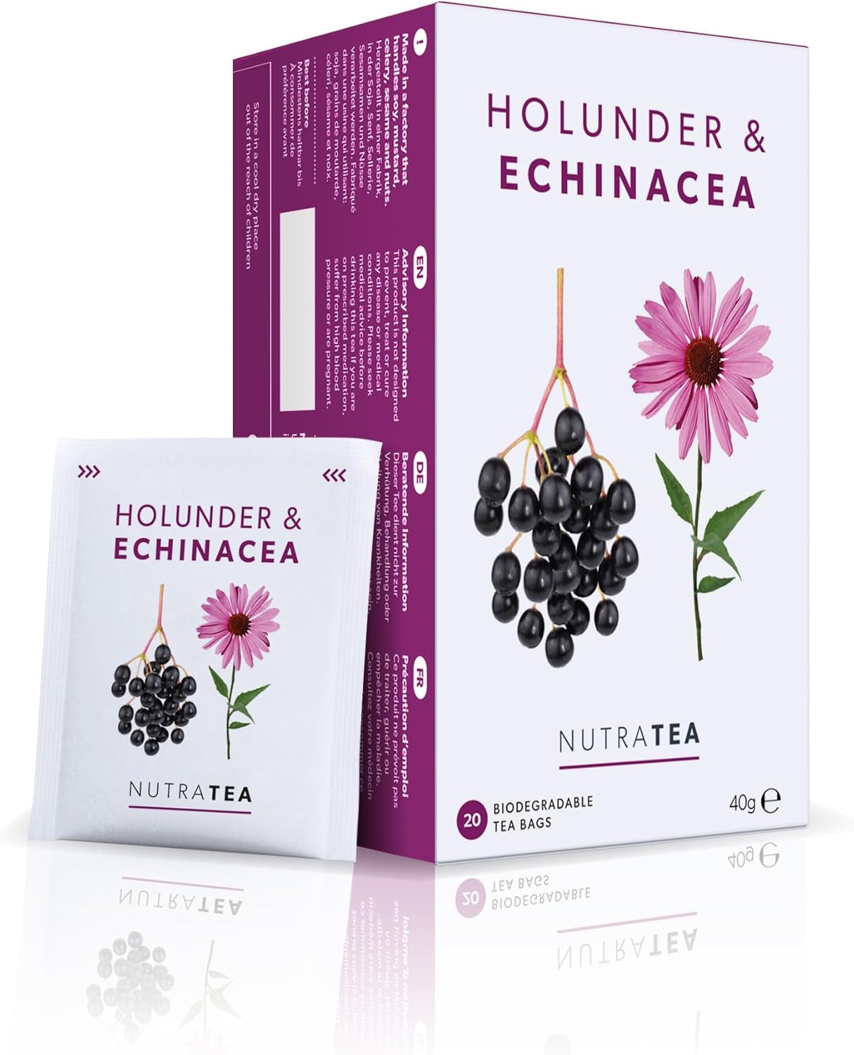 Nutra Tea Herbata z czarnego bzu i echinacei, Herbata na odporność i przeziębienie, Herbata wspomagająca odporność, Walka z przeziębieniem, 20 torebek na herbatę wielokrotnego użytku, Naturalna herbata ziołowa