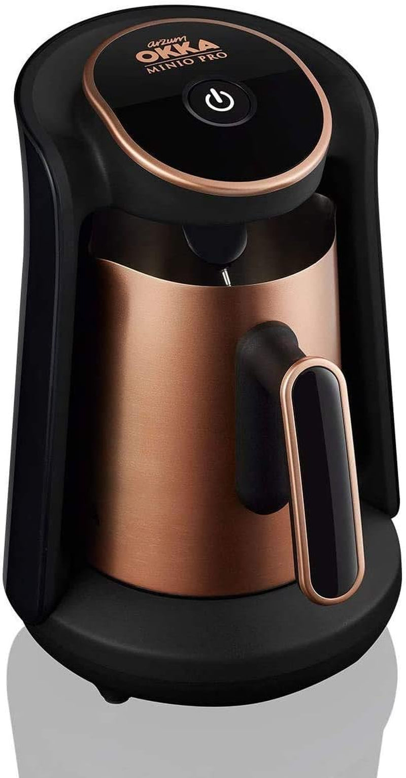 Arzum Okka Minio turecki ekspres do kawy, Moka, 1-4 filiżanek, garnek ze stali nierdzewnej 300 ml, zabezpieczenie przed rozlaniem, inteligentny system parzenia, zmywalny garnek, 480 W, miedź