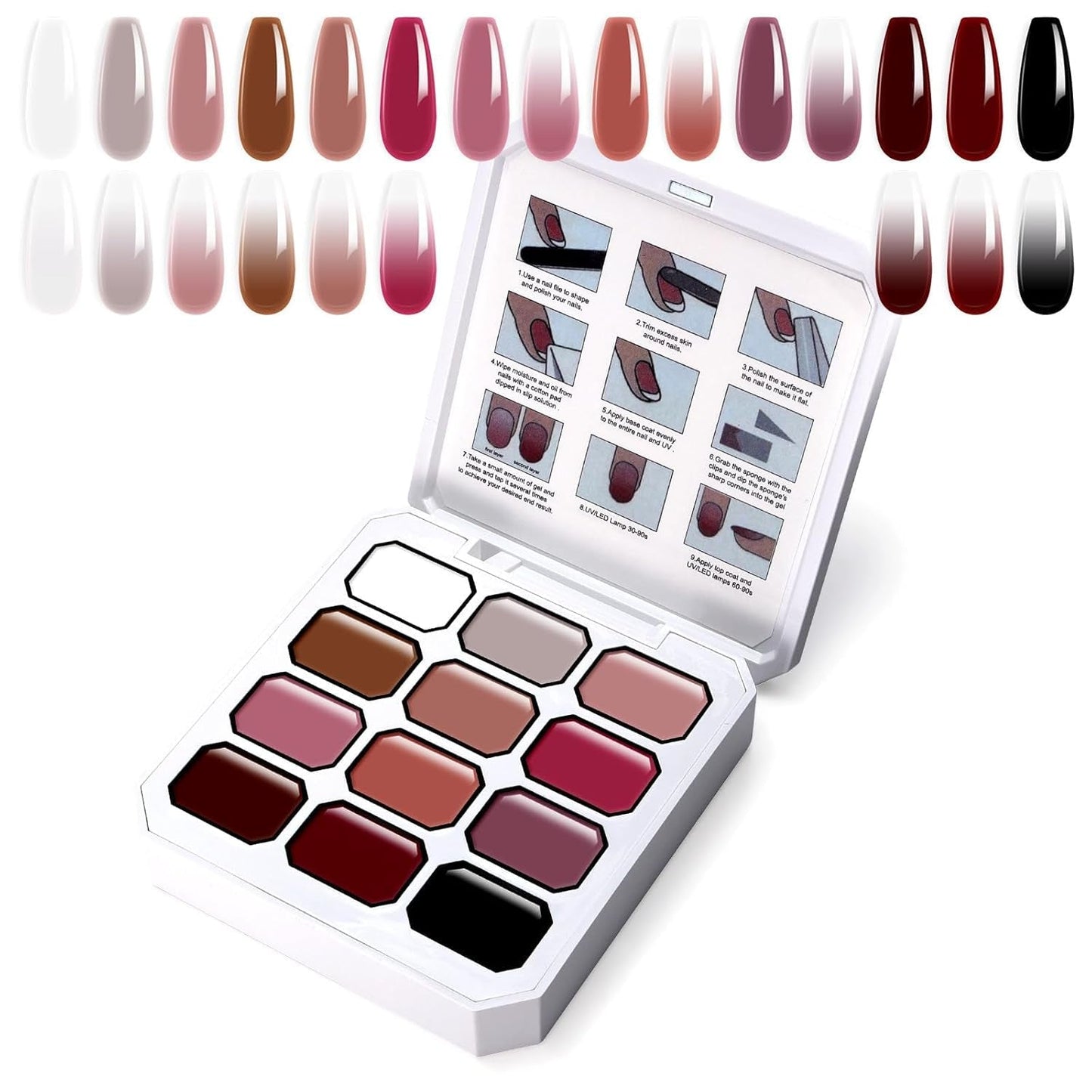Żel do malowania gradientowego, 12 kolorów Ombre żelowy lakier do paznokci z 100 szt. Gąbeczek do paznokci i 4 pazurami Metalowy chwytak do francuskiego manicure DIY Nail Art, zestaw I