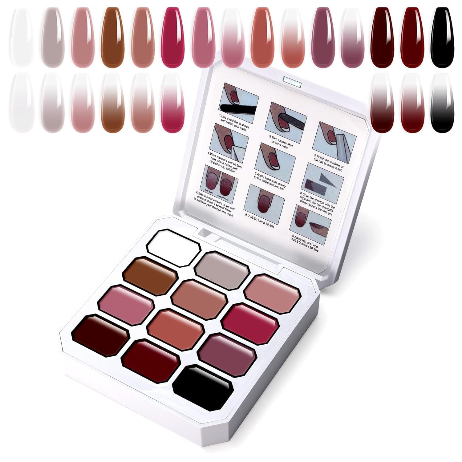Żel do malowania gradientowego, 12 kolorów Ombre żelowy lakier do paznokci z 100 szt. Gąbeczek do paznokci i 4 pazurami Metalowy chwytak do francuskiego manicure DIY Nail Art, zestaw I