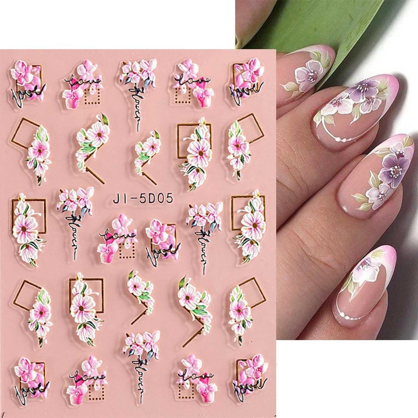 JMEOWIO 3D Nagelsticker Frühling Blume Nail Art Naklejka Selbstklebend Nagelaufkleber 5D Stereoskopisch Buntes Sommer Blumen Dekoration Nageldesign Zubehör 4 Blatt