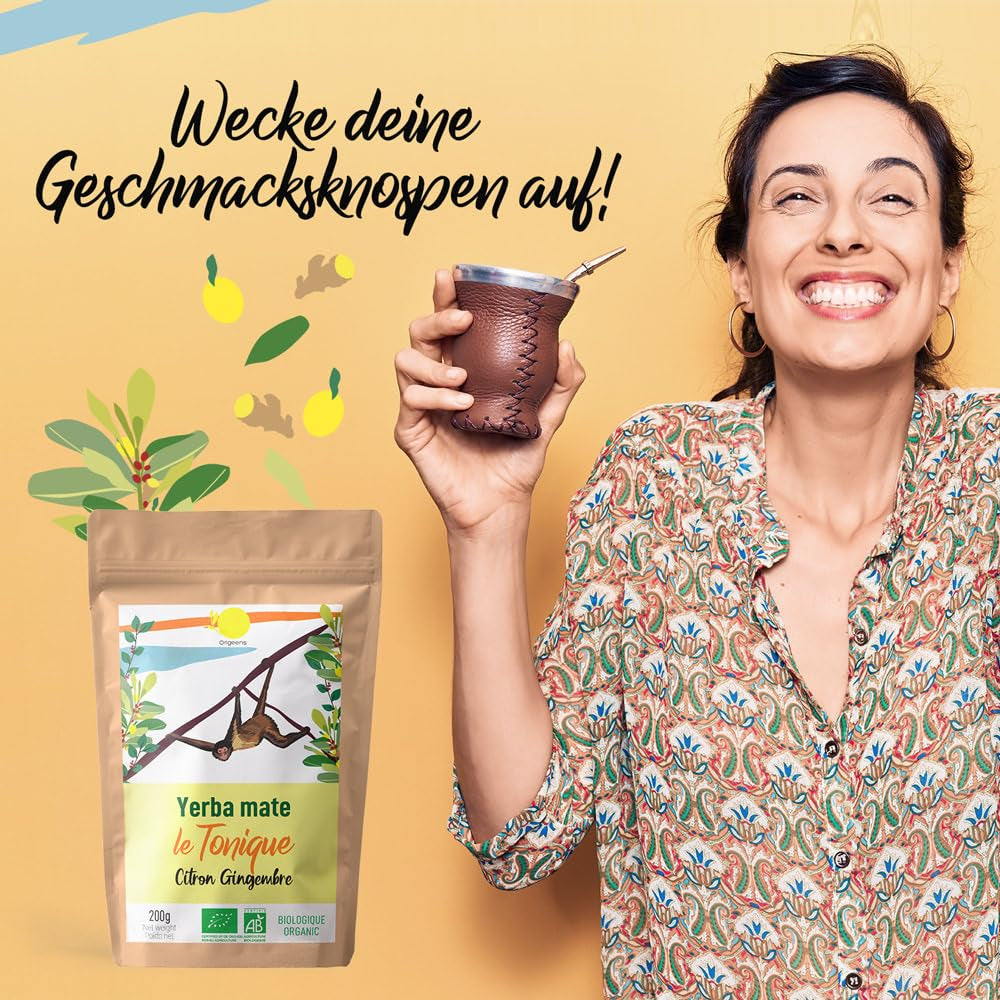 ORIGEENS BIO YERBA MATE Z CYTRYNĄ I IMBIREM 200 G - Herbata energetyzująca I Organiczna herbata Yerba Mate, niepalona, ​​z liści, bez łodyżek i pyłu