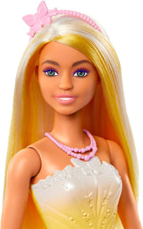 Królewska lalka Barbie z fantazyjnymi włosami i kolorowymi pasmami, kolorowymi dodatkami, gradientowym żółtym topem i spódniczką w kształcie motyla, lalki HRR09 Naty Shop