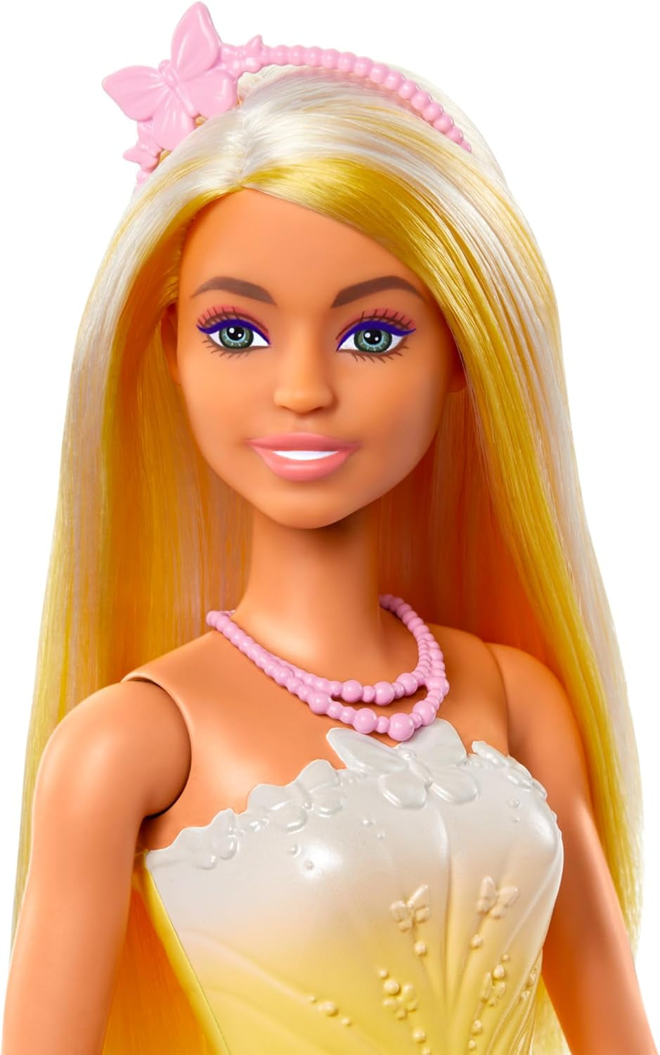 Królewska lalka Barbie z fantazyjnymi włosami i kolorowymi pasmami, kolorowymi dodatkami, gradientowym żółtym topem i spódniczką w kształcie motyla, lalki HRR09 Naty Shop