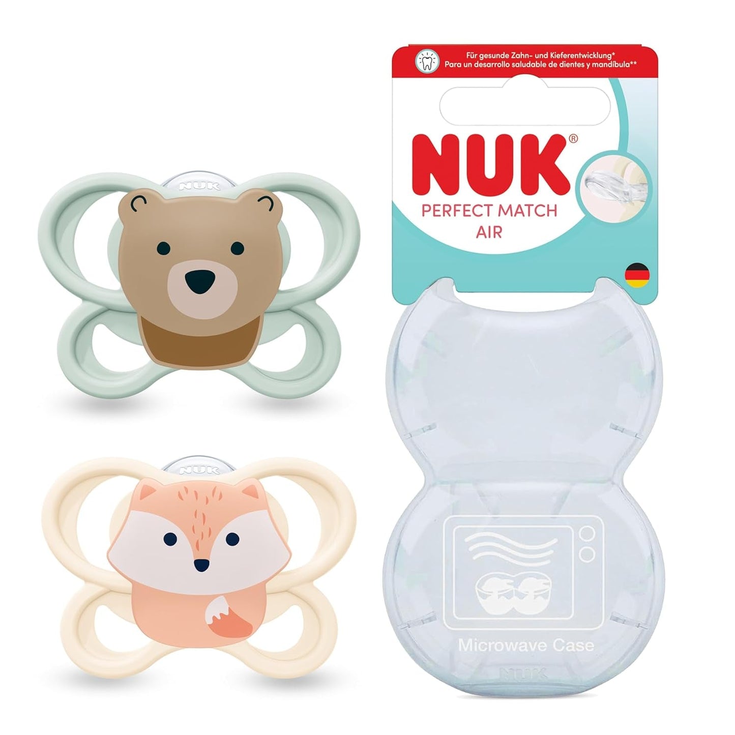 Smoczki NUK Perfect Match Air dla niemowląt | 0-6 miesięcy | Smoczki ortodontyczne, które wspomagają cyrkulację powietrza i zapobiegają ślinieniu | 95% akceptacji przez dzieci** | Lis/Miś | Opakowanie 2
