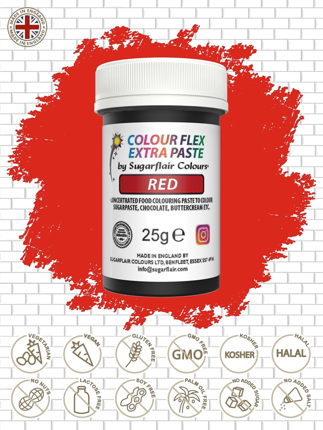 Barwnik spożywczy Sugarflair Colourflex Extra Paste czerwony - Jadalny barwnik spożywczy do śmietany, czekolady, pasty cukrowej, lukru, kremówki, mieszanek do ciast, ciast i nie tylko - 25g