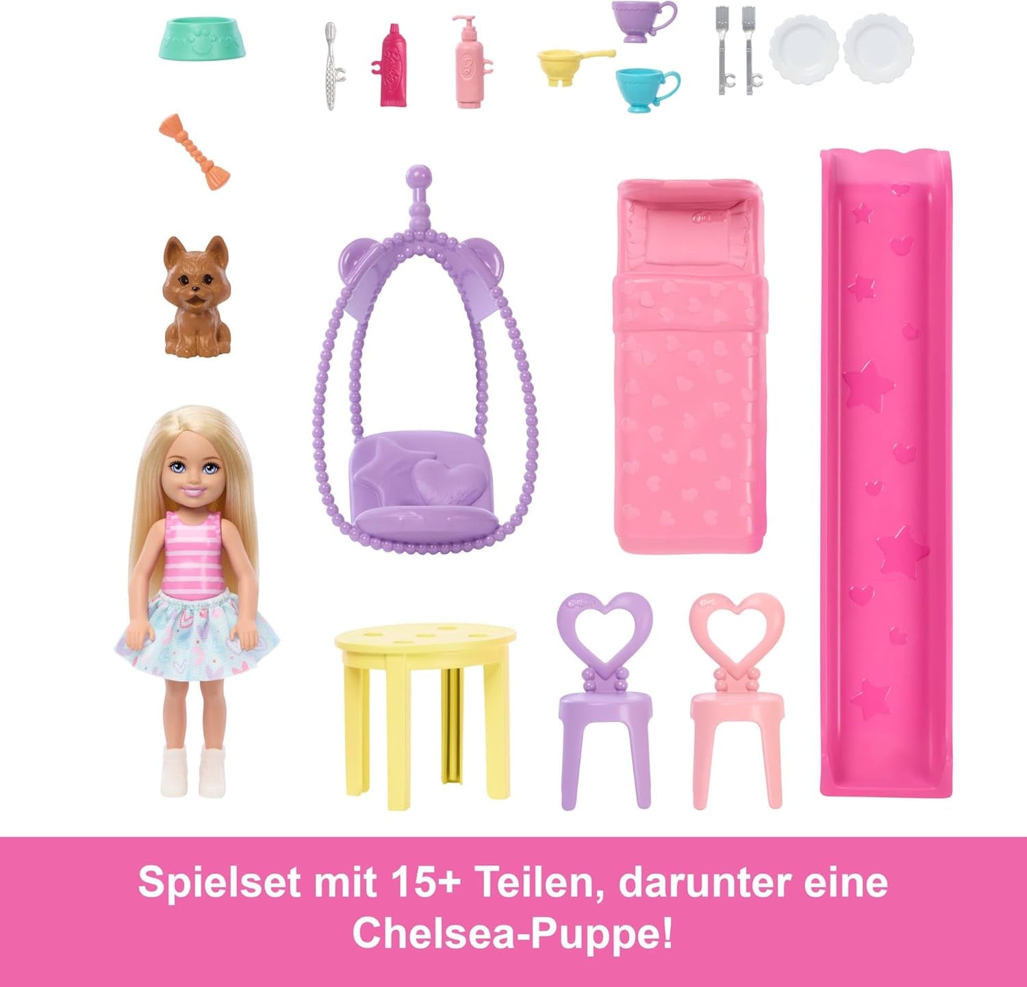 Domek dla lalek Barbie Chelsea z ponad 15 akcesoriami, wysuwany domek powiększa się do ponad 42 x 33 cm z 5 obszarami do zabawy i zjeżdżalnią, z małą lalką i psem, JFW49