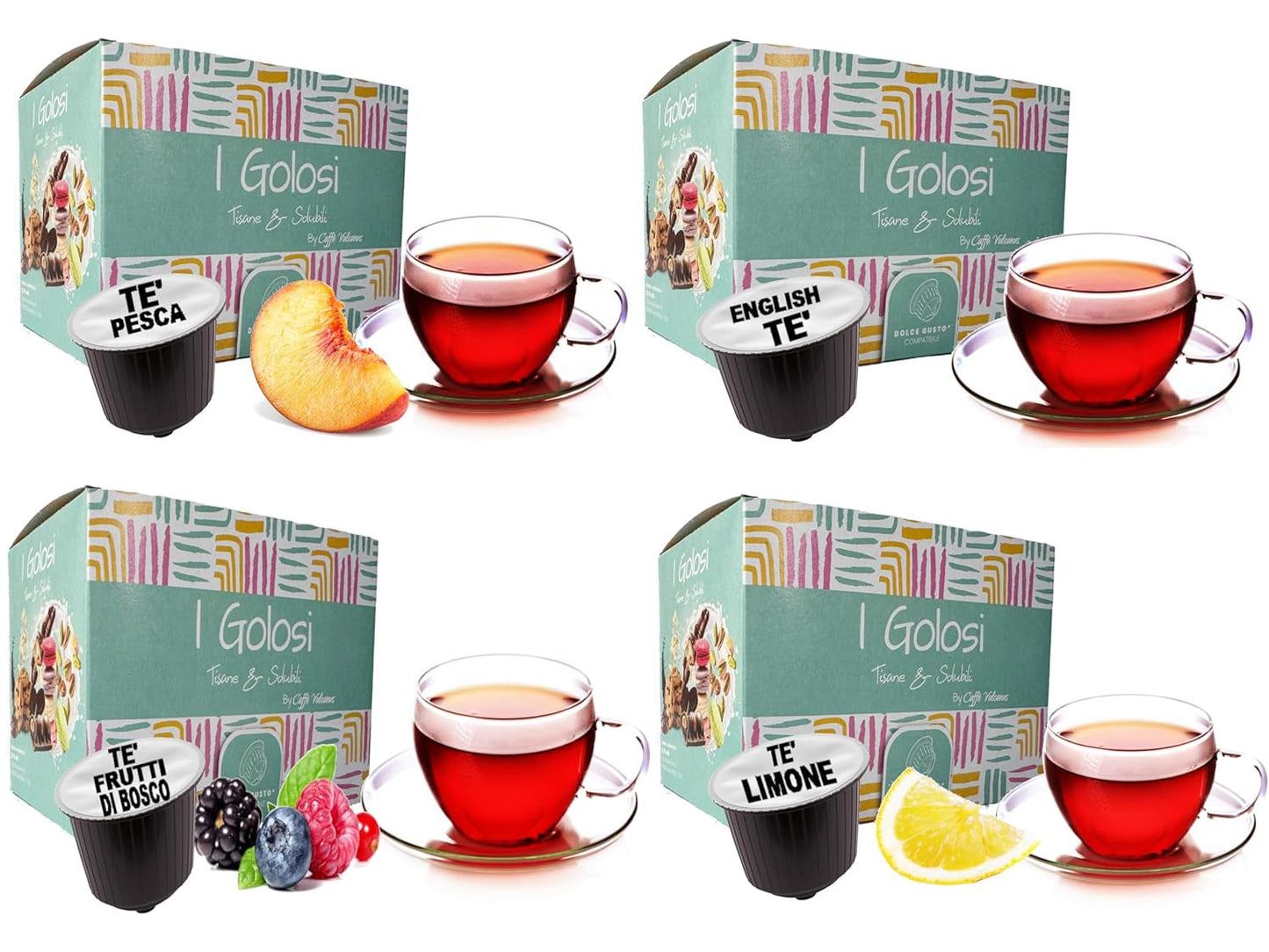 Caffè Vulcanus - 60 kapsułek mieszanka herbat, smak: herbata angielska, herbata brzoskwiniowa, herbata cytrynowa i herbata jagodowa - kapsułki kompatybilne z Nescafe Dolce Gusto