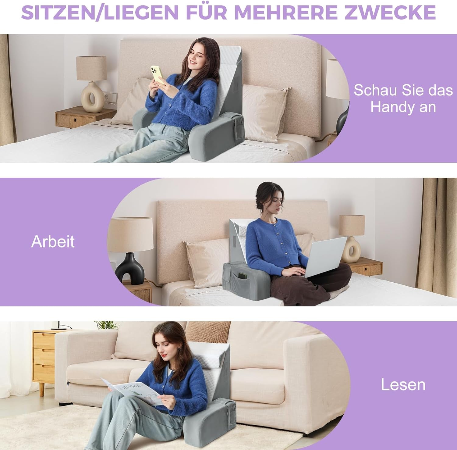 Duża poduszka do czytania z uchwytem, ​​pianką o dużej gęstości, ergonomiczną poduszką pod plecy, podłokietnikami, podparciem szyi i zagłówkiem, odchylaną poduszką siedziska do spania, zabawy, oglądania telewizji, do łóżka i sofy