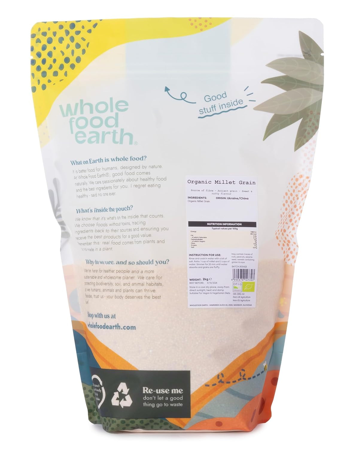 Proso organiczne Pełnoziarniste Ziemia 2 kg | Bez GMO | wegańskie | Bogaty w błonnik | Certyfikowane organiczne