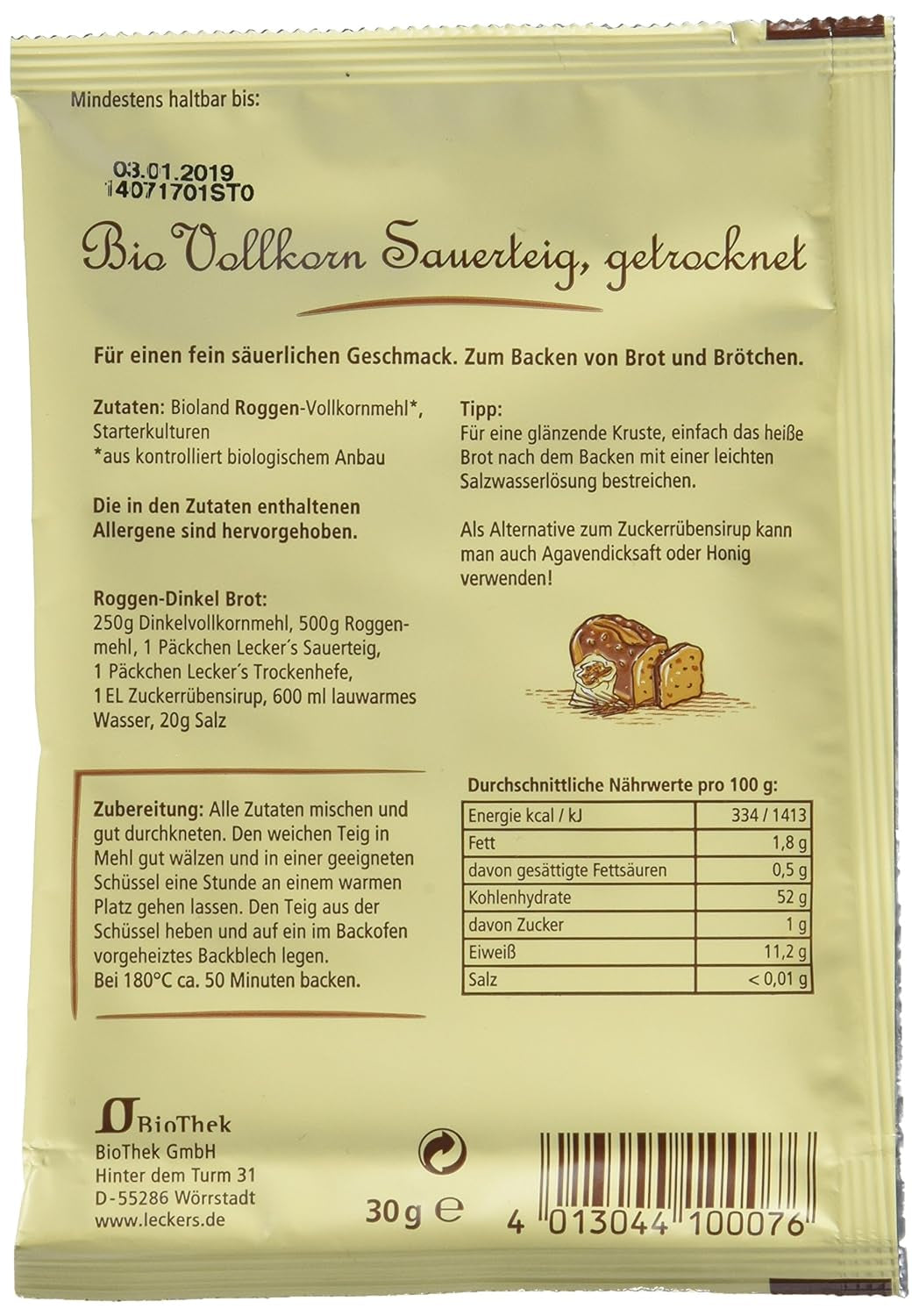 Lecker'S Bio Vollkorn Sauerteig (10 X 30 G) Mieszanka do pieczenia i gotowania Naty Shop