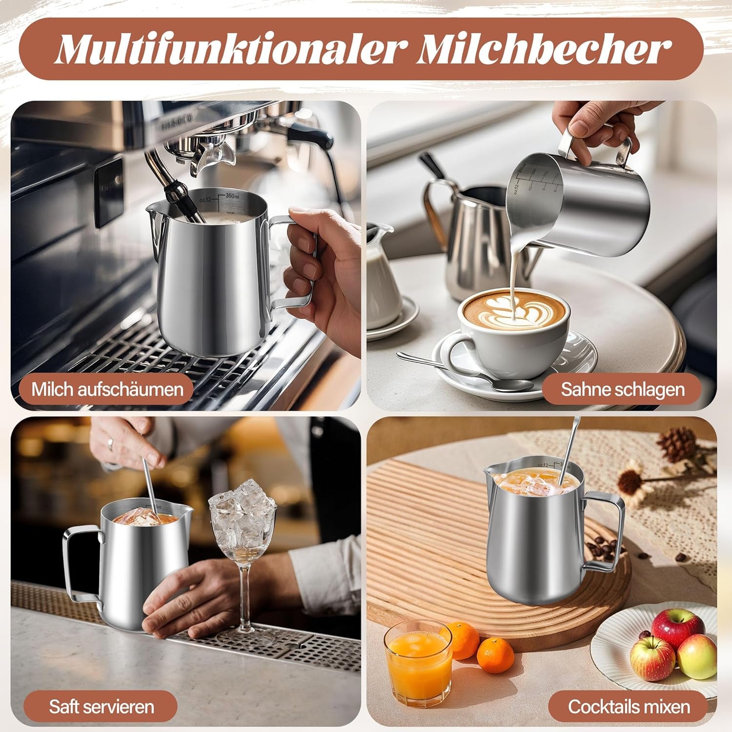 Kubek na mleko, kubek na mleko ze stali nierdzewnej 350 ml ze znacznikiem miarki, akcesoria baristy, kubek na mleko do cappuccino, espresso, latte art, miłośnicy kawy, srebro, 355 ml