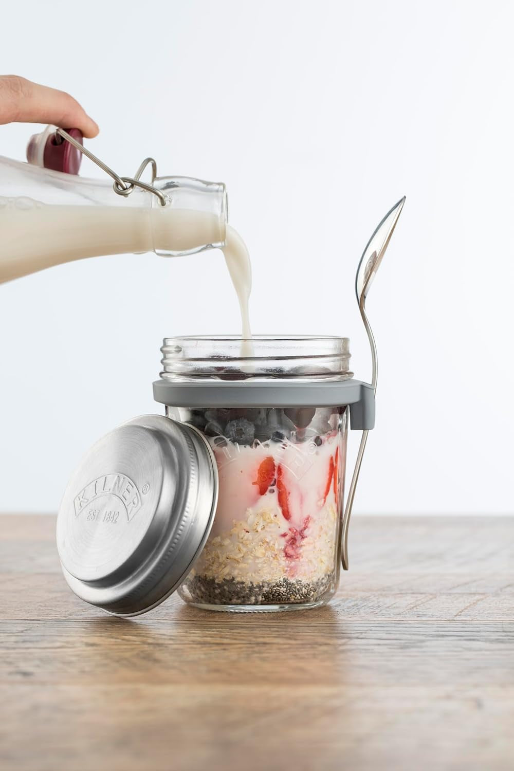 Kilner słoik śniadaniowy z łyżeczką / 350 ml, Ø 9,5 cm / 5 sztuk | Kubek do musli na wynos / nietoksyczny / szklany pojemnik z pokrywką na musli, owsiankę i jogurt / pojemnik na płatki owsiane Naty Shop Pudełka do przechowywania żywności