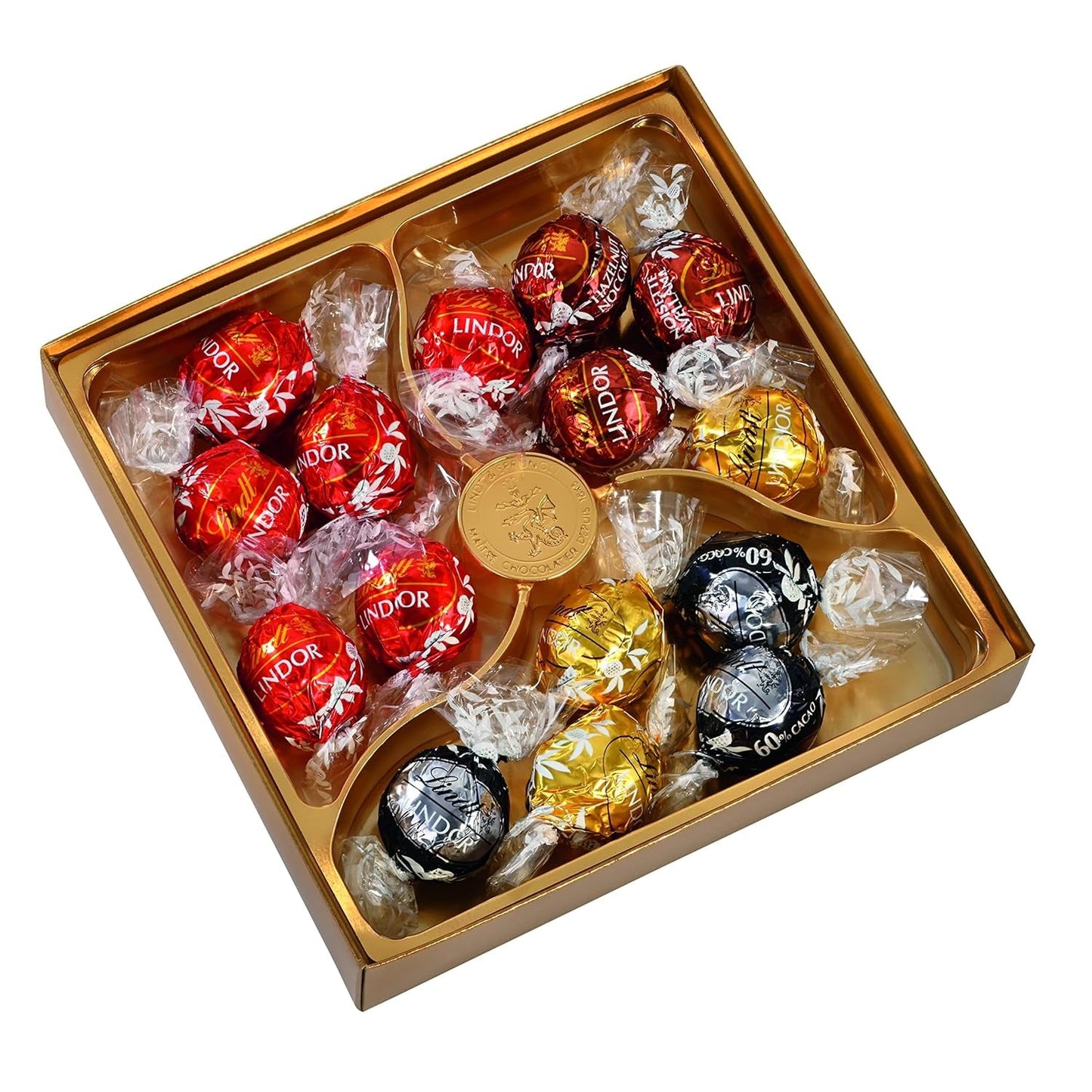 Pudełko upominkowe Lindt LINDOR z różnymi czekoladkami, ok. 15 trufli LINDOR, 4 odmiany (czekolada mleczna, czekolada biała, czekolada gorzka 60% i orzech laskowy), 187 g