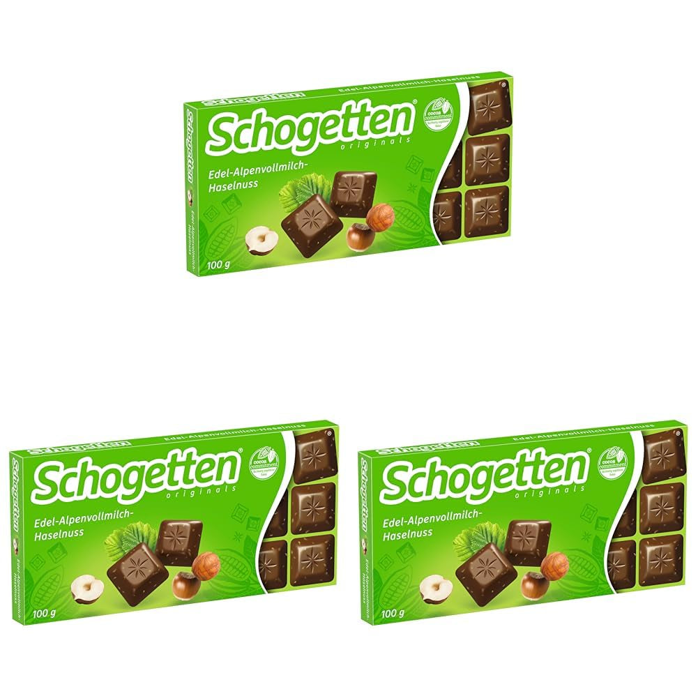 Alpejska czekolada mleczna Schogetten Premium z orzechami laskowymi, 100 g tabliczka czekolady, pojedynczo porcjowana. Rozkosz. Kawałek po kawałku.