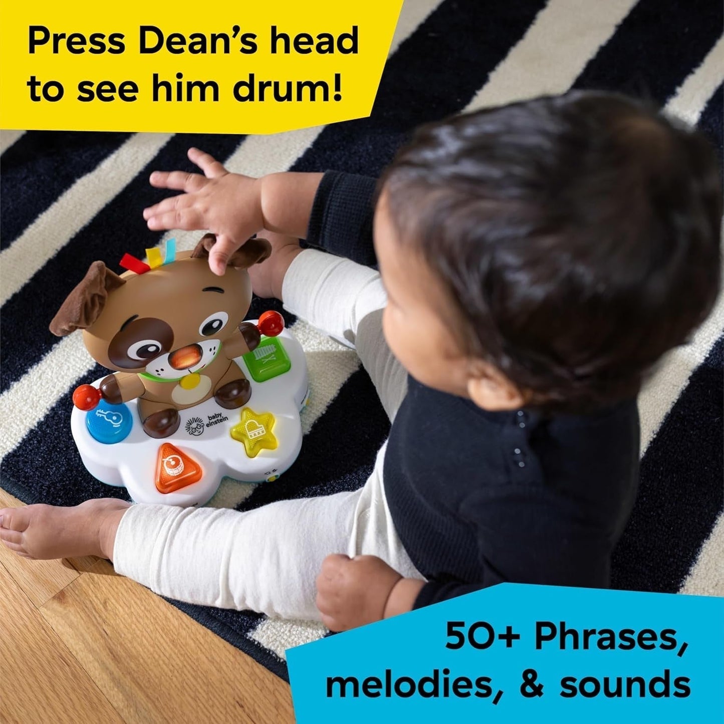 Baby Einstein, Drum & Learn Dean Muzyczna zabawka edukacyjna – multisensoryczna zabawka dla dziecka, 2 tryby gry, kolory, kształty i instrumenty, ponad 50 dźwięków, zabawki dla dzieci od 6 miesiąca życia Naty Shop