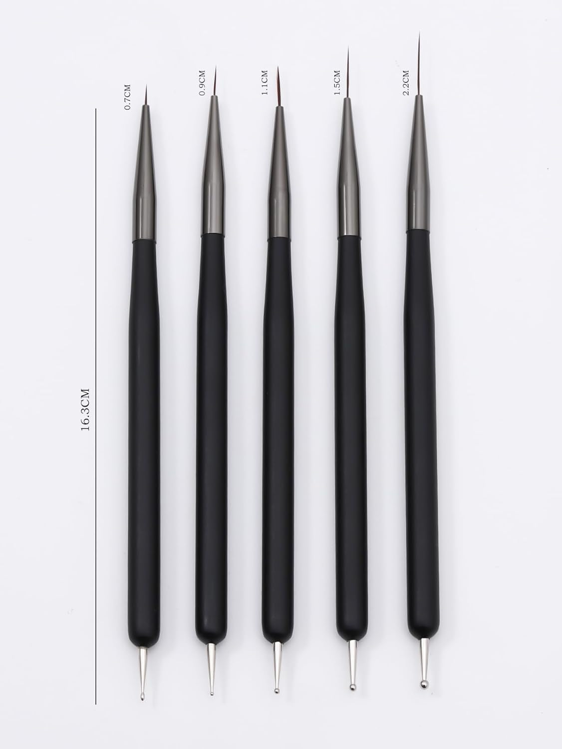 Nagelkunst-Pinsel, 5 Stück, Nailart-Pinsel, Punktierstift-Werkzeuge, Malkunst-Design-Pinsel-Set Für Lange Linien, Dünne Detale, Feine Zeichnungsgrößen 7/9/11/15/22 Mm, Czarny