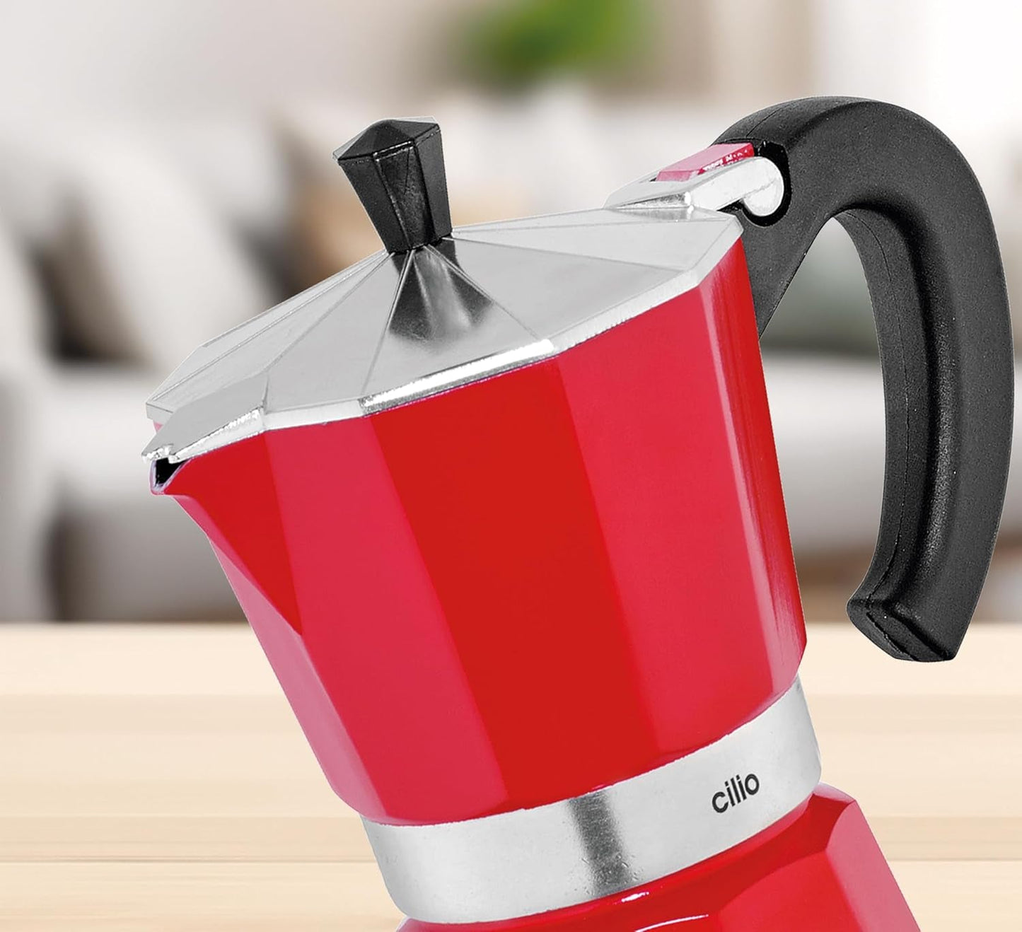 Ekspres Cilio Classico na 6 filiżanek | elektryczny 480W | Ø 11,5 cm Wysokość: 25 cm | aluminium | czerwony | zintegrowana płyta | z funkcją zatrzymywania ciepła i filtrem redukcyjnym | do podróży lub biwakowania