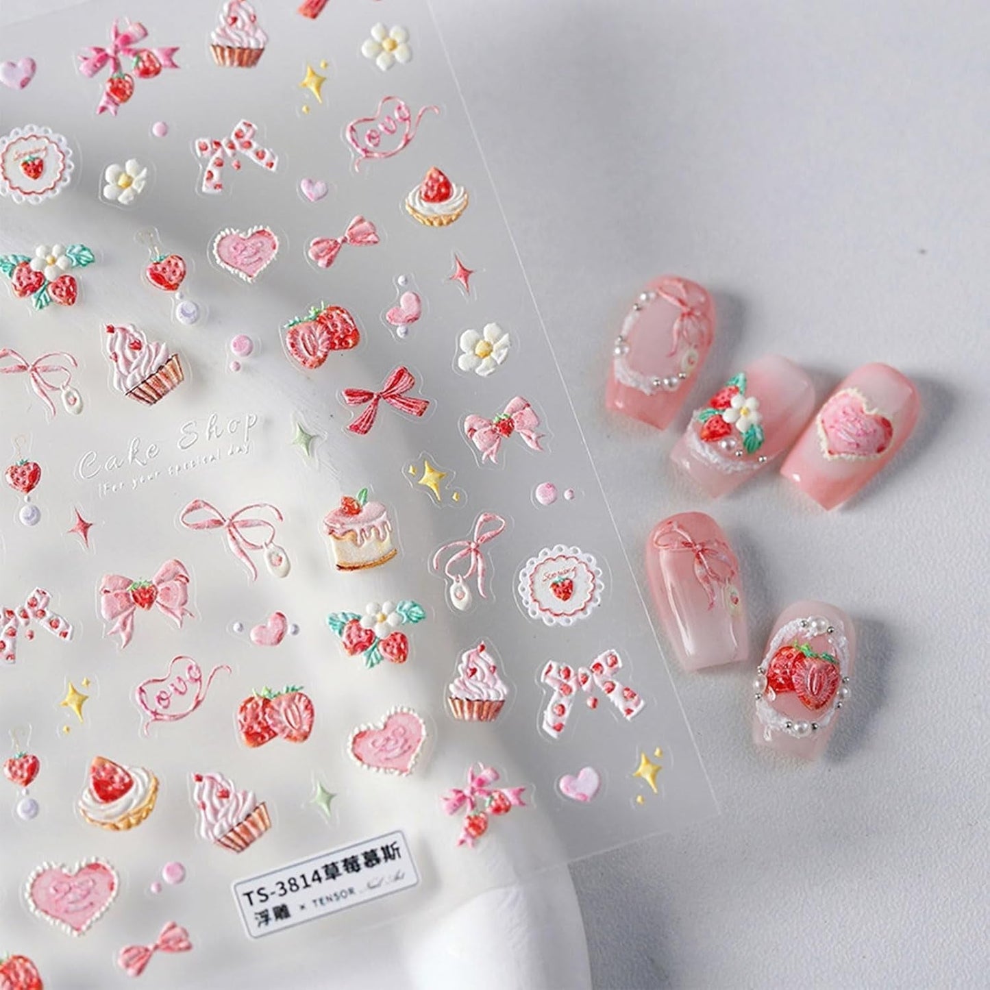 JMEOWIO 3D Nagelsticker Rosa Nail Art Naklejka Selbstklebend Nagelaufkleber 5D Stereoskopisch Kuchen Erdbeerschleife Dekoration Nageldesign Zubehör 1 Blatt