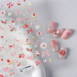 JMEOWIO 3D Nagelsticker Rosa Nail Art Naklejka Selbstklebend Nagelaufkleber 5D Stereoskopisch Kuchen Erdbeerschleife Dekoration Nageldesign Zubehör 1 Blatt