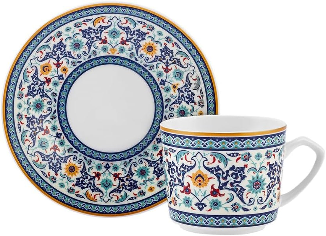 KARACA Beylerbeyi - 12-częściowy zestaw filiżanek do kawy po turecku Zestaw 6 porcelanowych filiżanek do espresso ze spodkami Zestaw filiżanek do espresso 80 ml Tradycyjny design - niebieski
