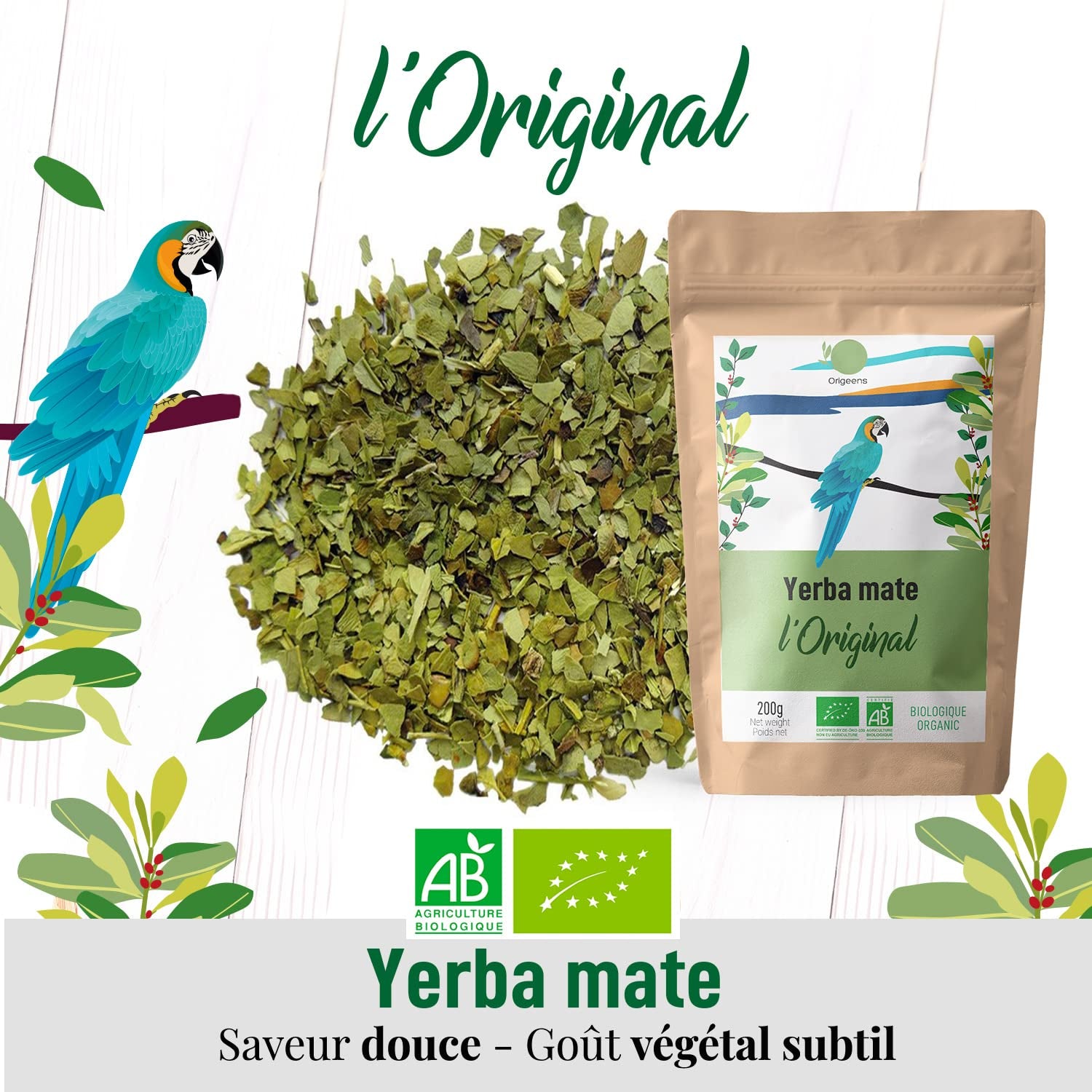 ORIGEENS BIO YERBA MATE TEA 200G - Oryginalna I Bio Yerba Mate niepalona, ​​liście, bez łodyżek, pyłu i okruszków I Napój energetyzujący i detoksykujący