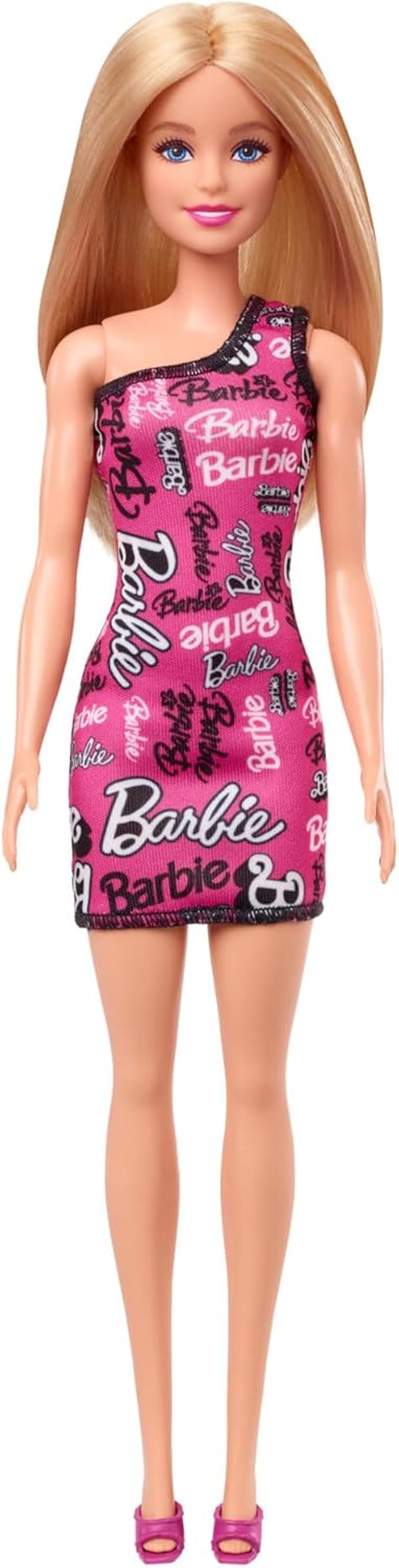 Modna lalka Barbie z prostymi blond włosami, w różowej elastycznej sukience na jedno ramię i butach z nadrukowanym logo HRH07 Naty Shop Dolls