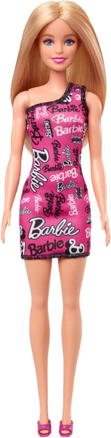 Modna lalka Barbie z prostymi blond włosami, w różowej elastycznej sukience na jedno ramię i butach z nadrukowanym logo HRH07 Naty Shop Dolls