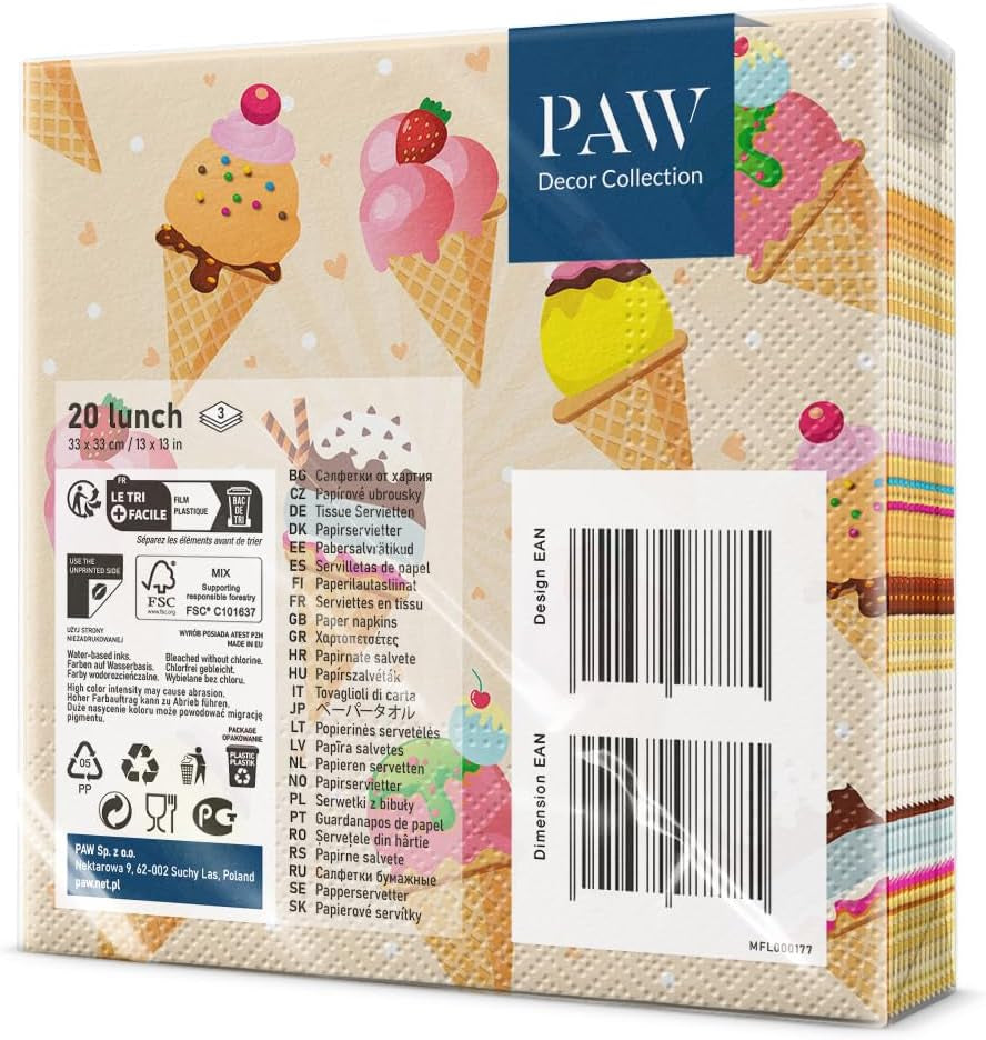 PAW - Serwetki 3-warstwowe (33 x 33 cm) I 20 sztuk I Idealne na przyjęcia, urodziny, święta I Dekoracje stołu na przyjęcia dla dzieci - Serwetki papierowe z kolorowymi motywami - Lody I Lody