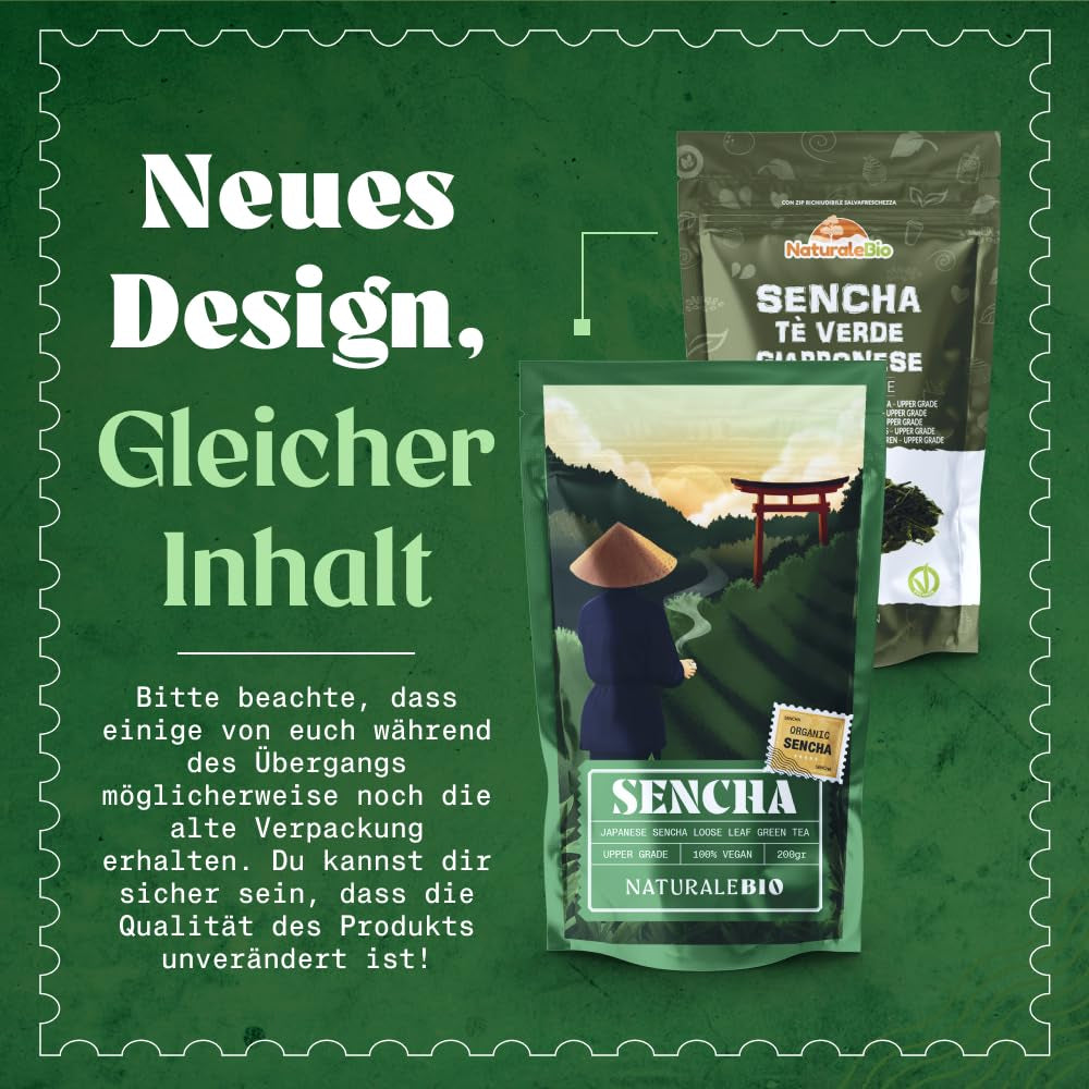 Naturalebio Japońska herbata Sencha - 200 g Organiczna herbata zielona - 100% czysta i naturalna zielona herbata Sencha - luźne liście z pierwszego zbioru - produkt ekologiczny uprawiany w Japonii