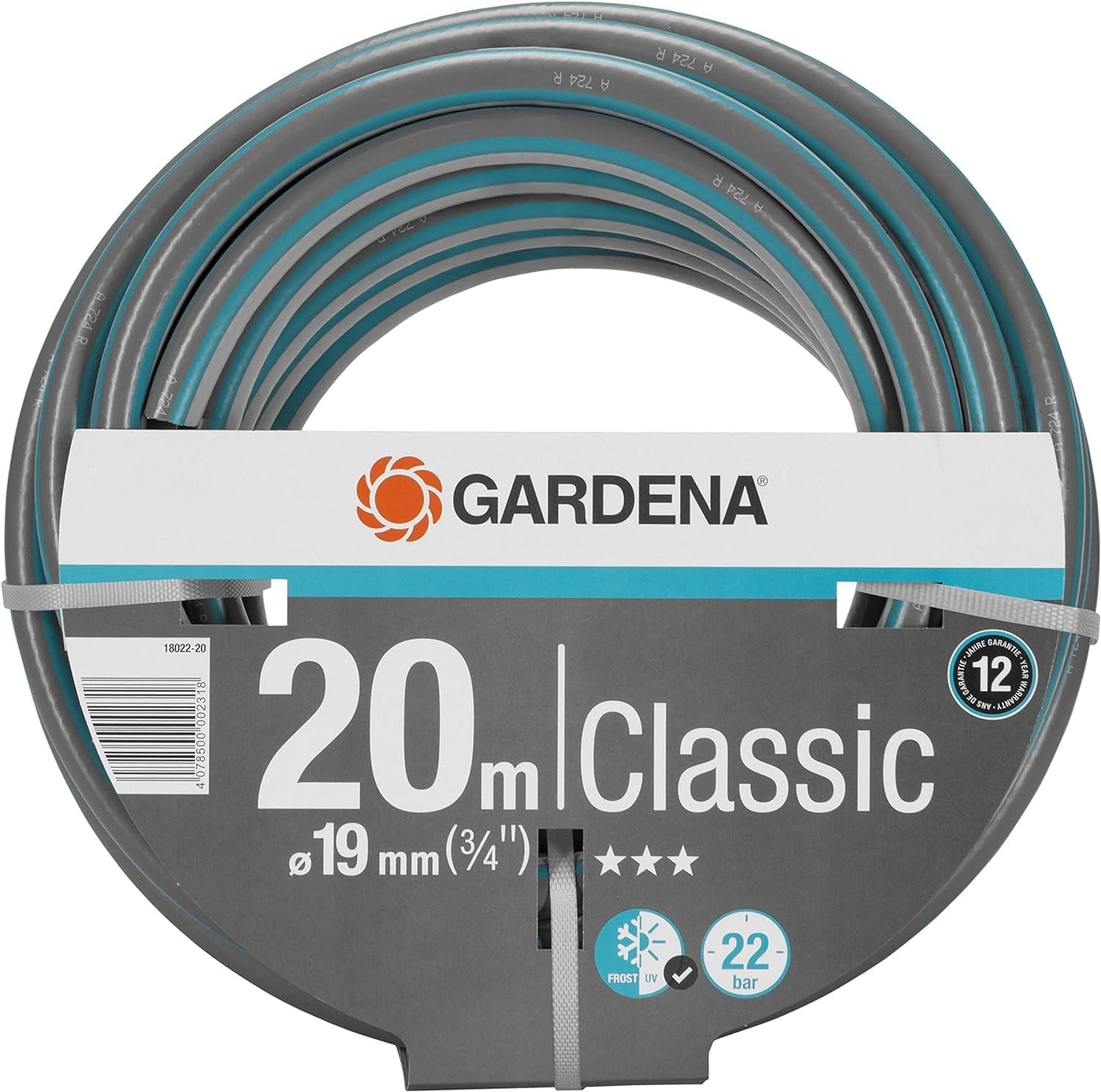 Gardena Classic Wąż 19 mm (3/4 cala), 20 m: Uniwersalny wąż ogrodowy z wytrzymałej tkaniny, tkany krzyżowo, ciśnienie rozrywające 22 bar, odporny na promieniowanie UV, brak elementów systemowych, 12 lat gwarancji (18022-20)