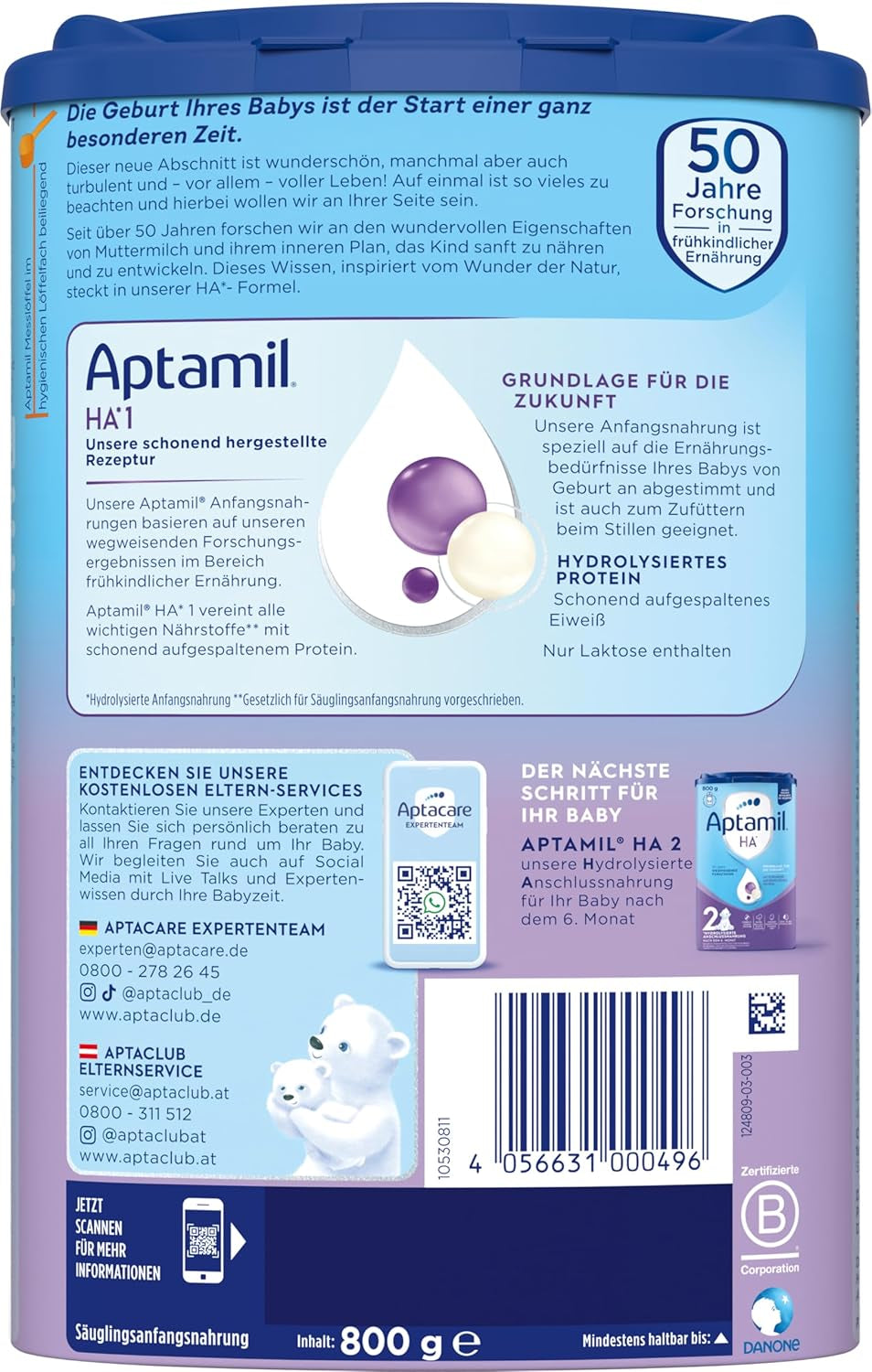 Aptamil HA 1 - Mieszanka dla niemowląt od urodzenia, z DHA, bez laktozy, bez oleju palmowego, żywność dla niemowląt, mleko w proszku, 1 x 800 g