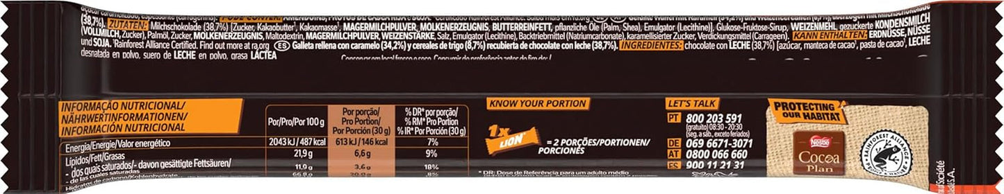 Nestlé LION Batonik czekoladowy z karmelem, chrupiąca przekąska, chrupiąca czekolada i chrupiące chipsy, nadzienie karmelowe, wyjątkowe doznania kulinarne, opakowanie zbiorcze, 28 opakowań (2 x 30 g każde)