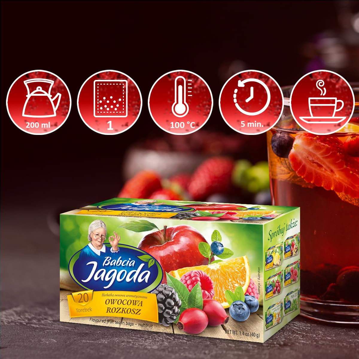 Babcia Jagoda - Herbata owocowa "Fruchtige Verführung" - 20 torebek - Z hibiskusem, jabłkiem, aronią, jeżyną, owocami róży, skórką pomarańczy - Intensywny smak owocowy, bez kofeiny, wegański, naturalny, Cay - 40G