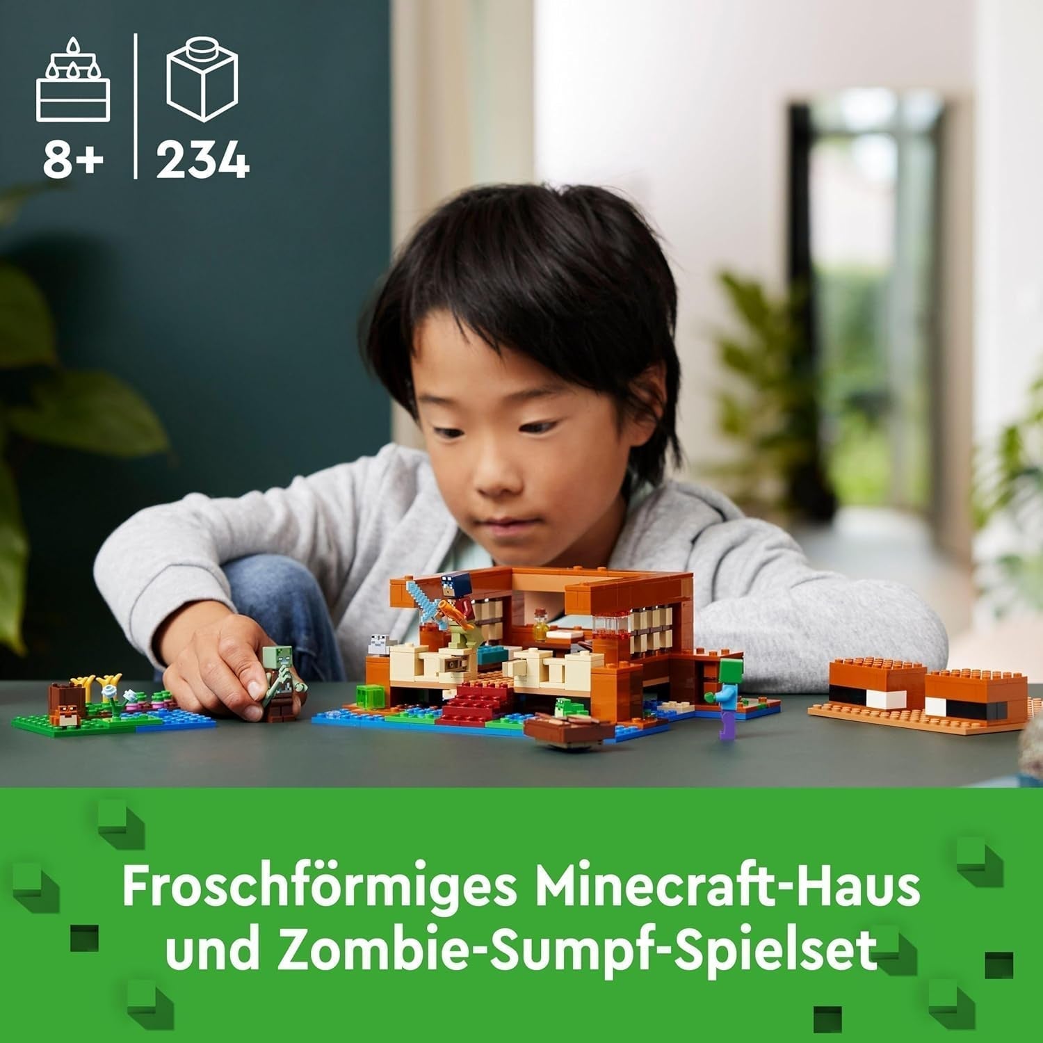 LEGO Minecraft Dom Żabi, zabawkowy domek z figurkami zombie, śluzu i tonącego człowieka oraz akcesoriami, takimi jak zabawkowa łódka i stół warsztatowy, prezent dla chłopców i dziewcząt od 8 lat 21256 Zestawy do budowania Besuche den LEGO-Store