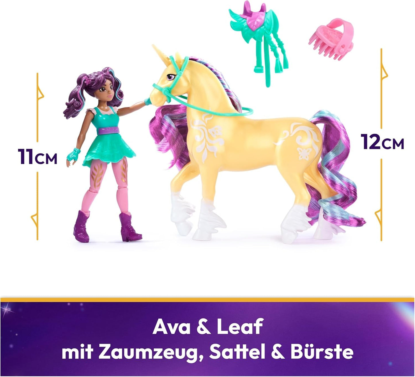 Zestaw Unicorn Academy AVA i liść jednorożca - oryginalne figurki o wysokości około 12 cm z popularnej serii Netflix Z dwoma akcesoriami i szczotkami do włosów Do pomysłowego odgrywania ról, dla dzieci w wieku od 4 lat Figurki Naty Shop