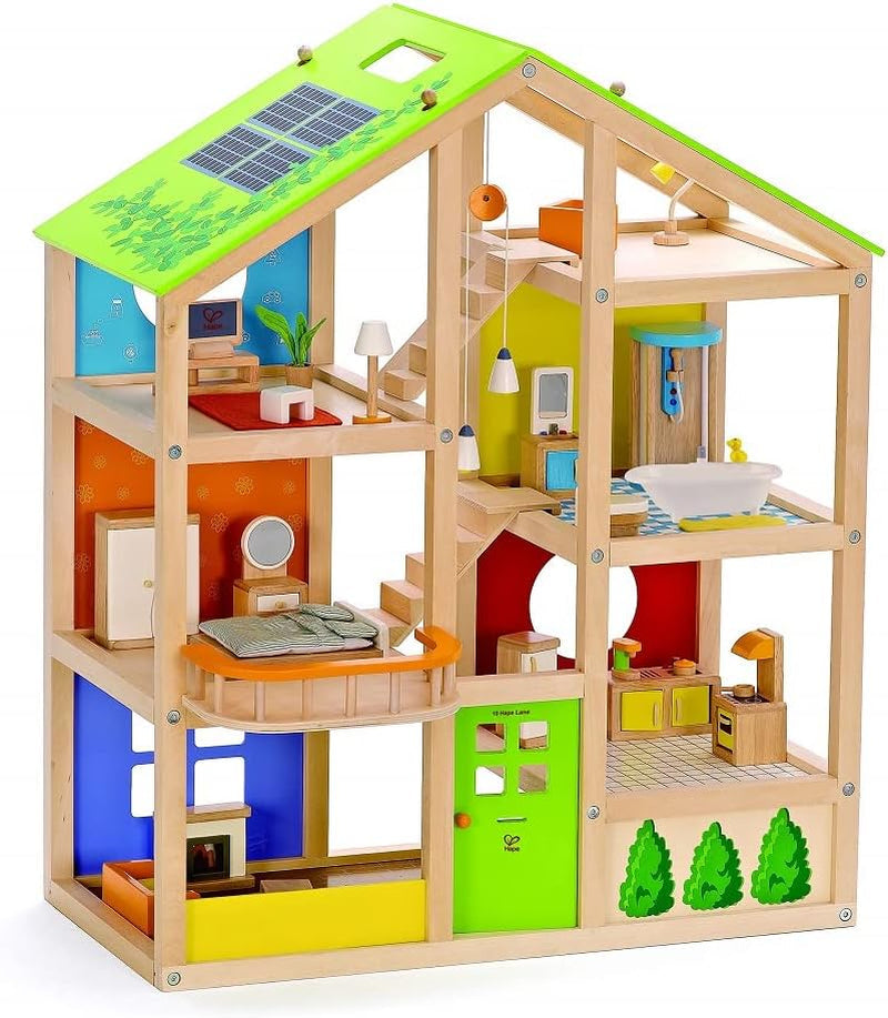 Hape E3401 Domek Four Seasons, umeblowany i E3500 - Rodzina lalek, jasna skóra