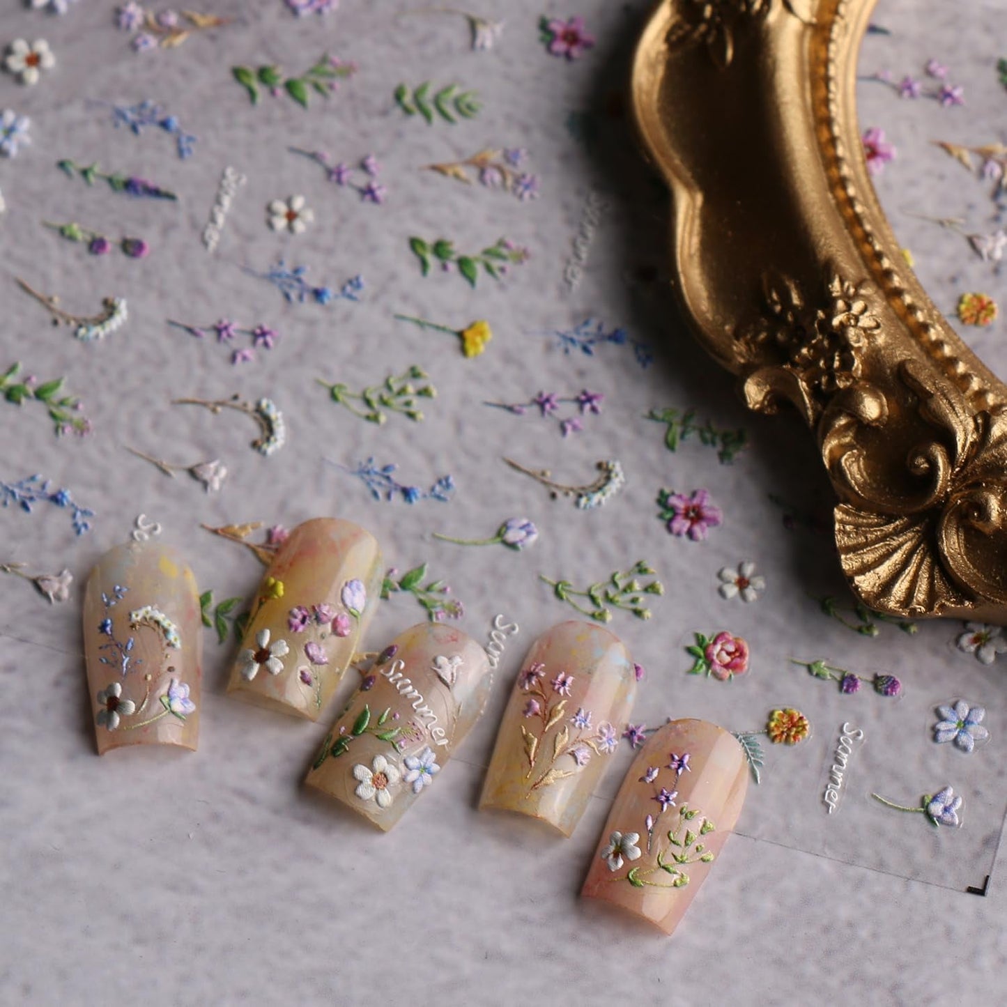 JMEOWIO 3D Nagelsticker Blume Frühling Sommer Floral Nail Art Naklejka Selbstklebend Nagelaufkleber 5D Stereoskopisch Dekoration Nageldesign Zubehör 1 Blatt