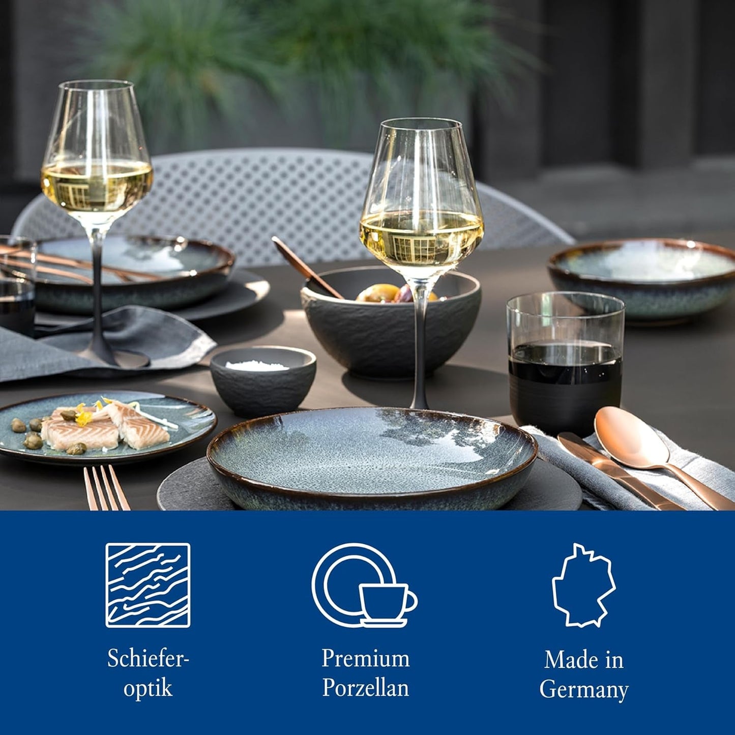 Zestaw startowy Villeroy & Boch Manufacture Rock, 6 elementów, czarny, można myć w zmywarce, można używać w kuchence mikrofalowej, czarny matowy zestaw naczyń obiadowych, zastawa stołowa, sztućce, porcelana Premium